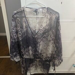 New York & Company Patterned Blouse Cover Up, Sheer, Purple Hues